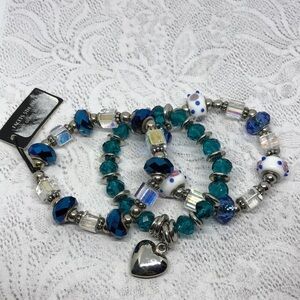 BUNDLE lot 3 art glass and crystal charm stretch bracelets small wrist size